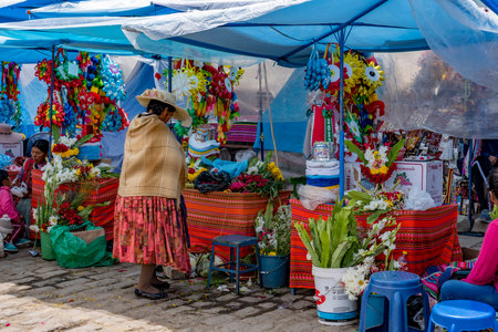 Copacabana, Bolivia, 01172023 - vendors sell various items to decorate cars prior to their recieving a blessing.のeditorial素材