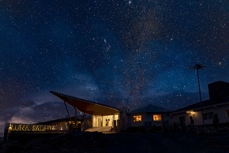 Uyuni, Bolivia, 01182023 - a hotel at night under the stars in the Bolivia Salt Flats.のeditorial素材