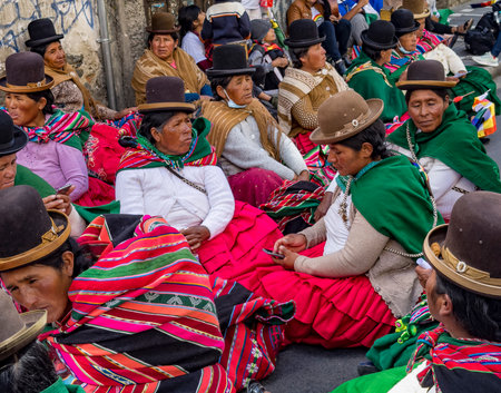 La Paz, Bolivia, 01222023 - People march in parade to celebrate the name change of Bolivia to be inclusive of the Indigenous people.のeditorial素材