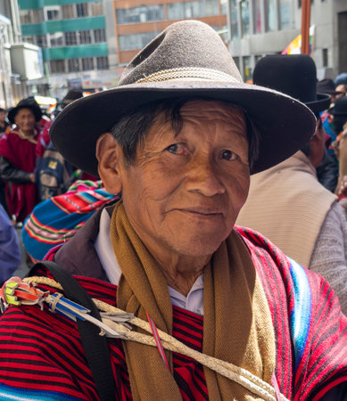 La Paz, Bolivia, 01222023 - People march in parade to celebrate the name change of Bolivia to be inclusive of the Indigenous people.のeditorial素材