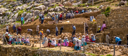Copacabana, Bolivia, 01172023 - Temple on Isla del Sol is under reconstruction using all hand tools.のeditorial素材