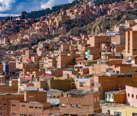 La Oaz, Bolivia, 01162023 - Homes are stacked on hillside surrounding main town.のeditorial素材