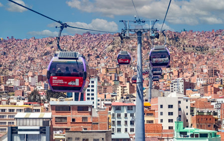 La Oaz, Bolivia, 01162023 - La Paz is traversed by more than a dozen sky trams to help people get around the city.のeditorial素材