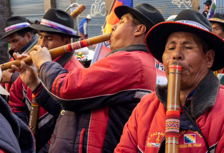 La Paz, Bolivia, 01222023 - People play homemade flutes in parade to celebrate the name change of Bolivia to be inclusive of the Indigenous people.のeditorial素材