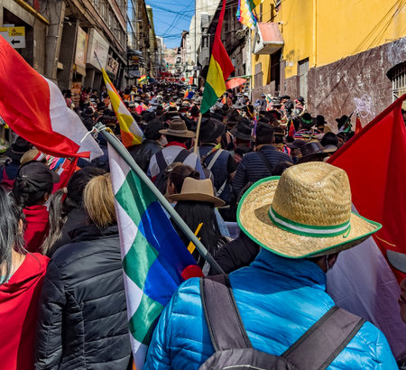 La Paz, Bolivia, 01222023 - People march in parade to celebrate the name change of Bolivia to be inclusive of the Indigenous people.のeditorial素材