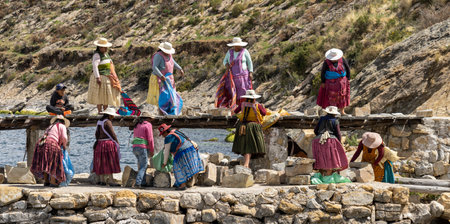 Copacabana, Bolivia, 01172023 - Temple on Isla del Sol is under reconstruction using all hand tools.のeditorial素材
