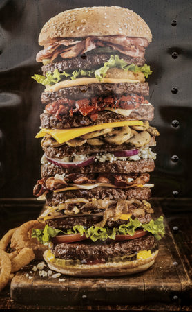 Huge hamburger with 10 layers of beef.の写真素材
