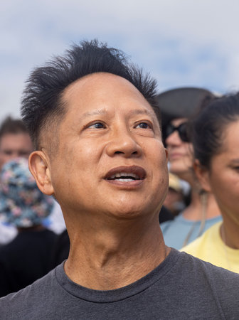 Honolulu, Hawaii/USA - 2022-08-20 - Shaka Filming Hukilau - face portrait of organizer of the free event.のeditorial素材