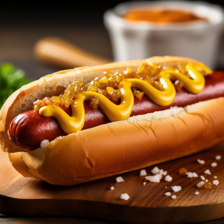 hot dog on a bun with mustard.の写真素材