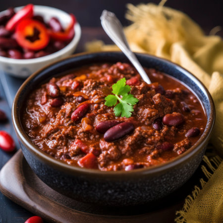 bowl of chili with spoonの素材