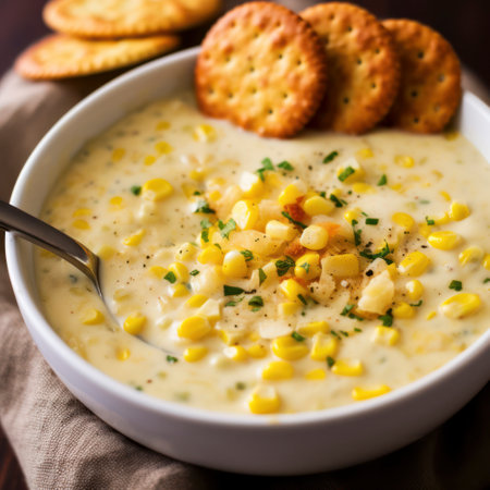 bowl of corn chowder with spoon and crackersの素材