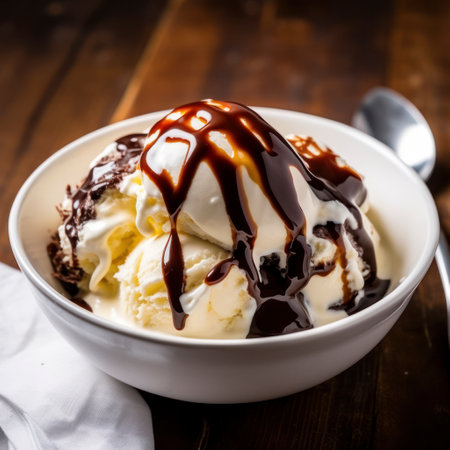 bowl of vanilla ice cream with chocolate sauceの素材