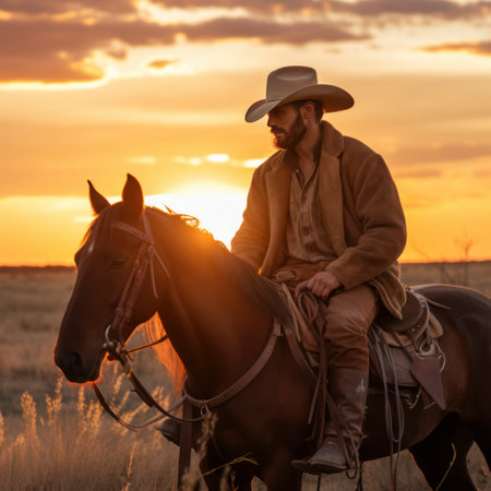 cowboy sitting on horse in a field at sunsetの素材