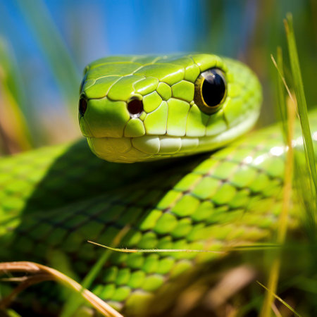 lifestyle photo a rough green snake in grassの素材