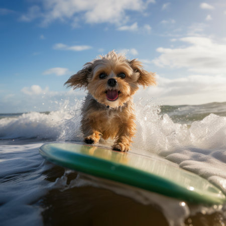 lifestyle photo dog riding surfboard on small waveの素材
