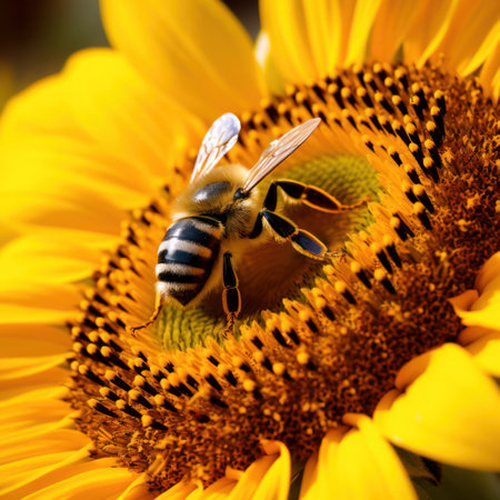 lifestyle photo close-up of bee on a sunflowerの素材