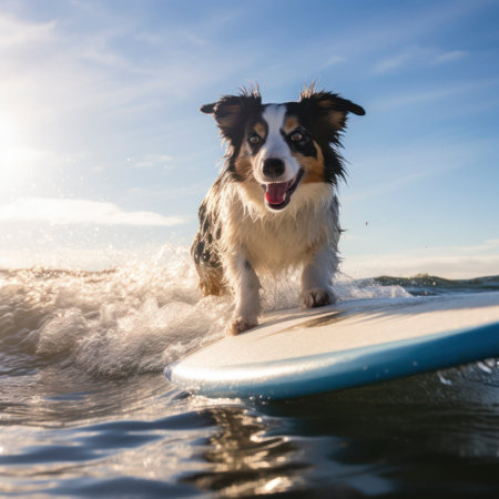 lifestyle photo dog riding surfboard on small waveの素材