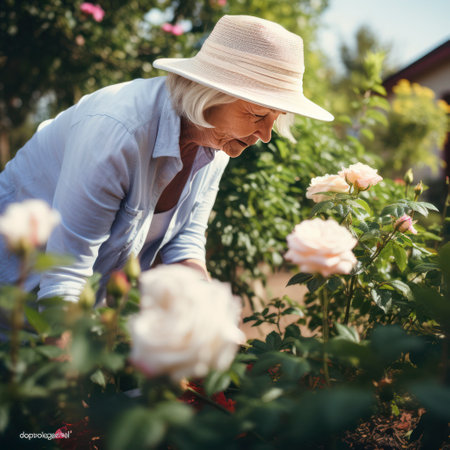lifestyle photo woman tending her rose gardenの素材