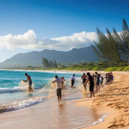 lifestyle photo Hukilau hawaii line of people hauling fish net from seaの素材