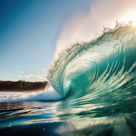lifestyle photo large surf breaking near a beachの素材