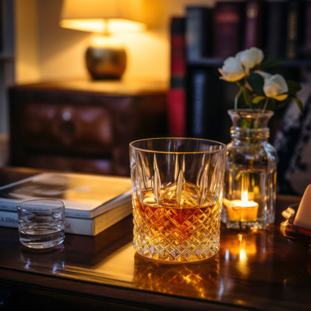 lifestyle photo glass of whisky on table in home denの素材