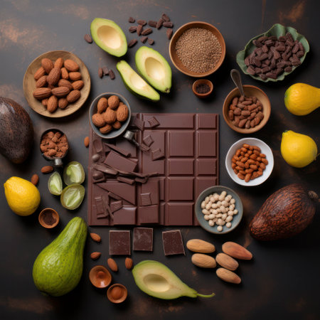 lifestyle photo table with cocoa bean plus powder and barの素材