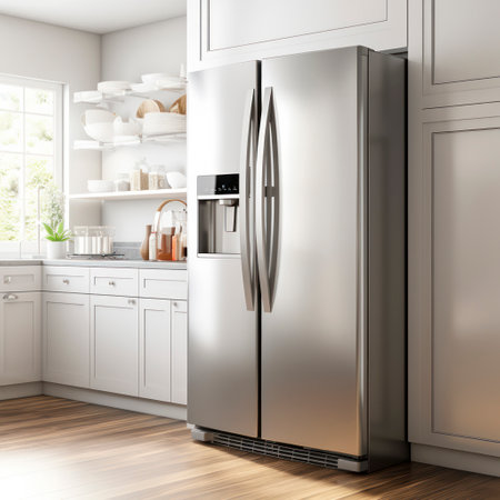 lifestyle photo modern refridgerator with ice dispenser in doorの素材