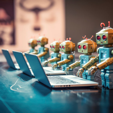 lifestyle photo row of robots typing on a computer keyboardの素材