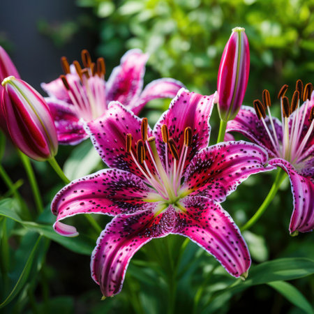 lifestyle photo tiger lily flower in a gardenの素材