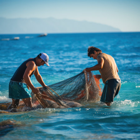 lifestyle photo Hukilau hawaii line of people hauling fish net from seaの素材