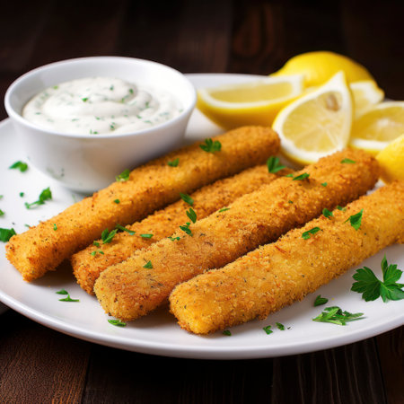 plate of fish sticks on tableの素材