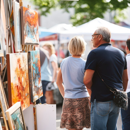 lifestyle photo street fair people buying crafts and artの素材