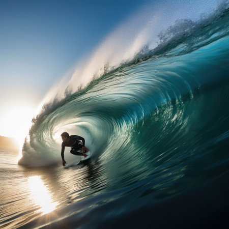 lifestyle photo surfer riding large surf breakingの素材
