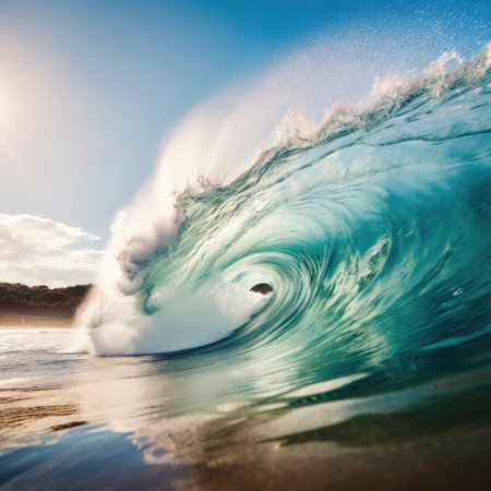 lifestyle photo large surf breaking near a beachの素材