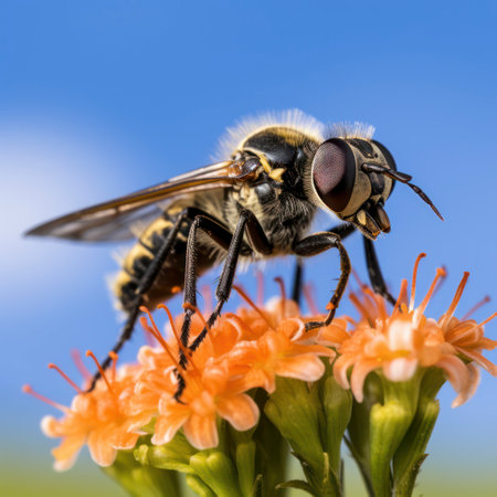 lifestyle photo robber fly sitting on a flowerの素材