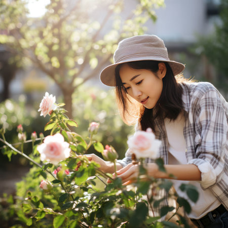 lifestyle photo woman tending her rose gardenの素材