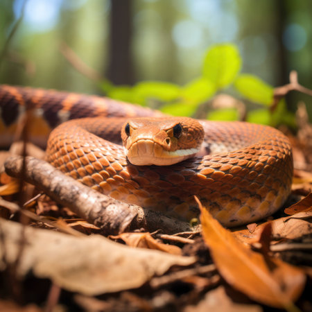 lifestyle photo a north copperhead snake on a forest floorの素材