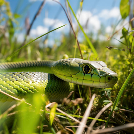 lifestyle photo a rough green snake in grassの素材