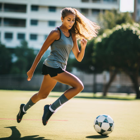 lifestyle photo woman kicks a soccer ballの素材