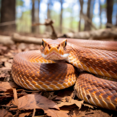 lifestyle photo a north copperhead snake on a forest floorの素材