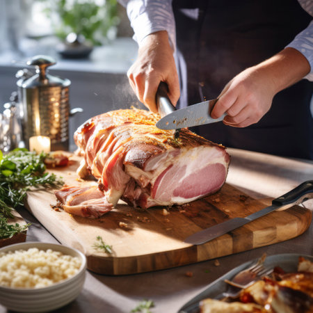 lifestyle photo roast pig pork being cut for dinnerの素材