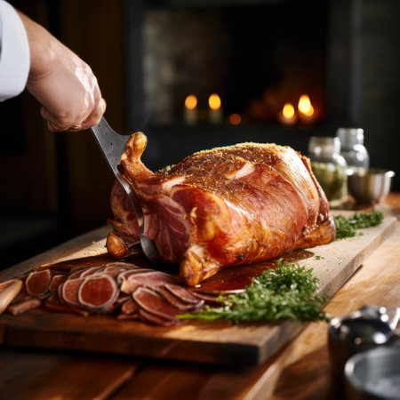 lifestyle photo roast pig pork being cut for dinnerの素材