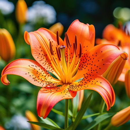 lifestyle photo tiger lily flower in a gardenの素材