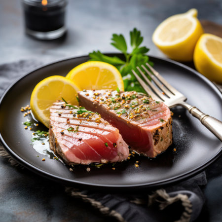 plate of rare tuna steak with lemon and forkの素材