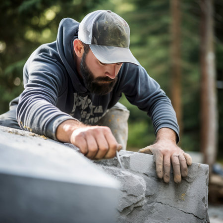 lifestyle photo man sculptor working on block of stoneの素材