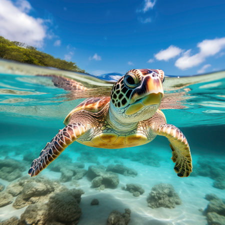 sea turtle swimming in clear ocean waters.の素材