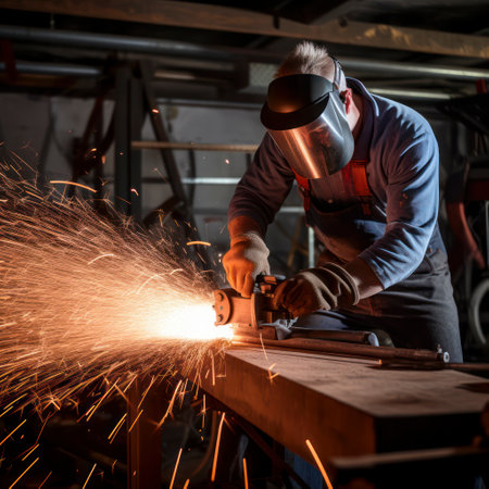 metal saw cutting beam with sparks flying.の素材