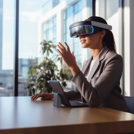 person wearing 3d goggles showing a virtual world.の素材