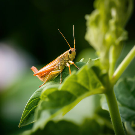 orange grasshopper sitting on a leaf.の素材