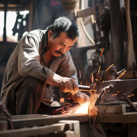 mindstormphoto olifestyle photo uzbekistan blacksmith hammering with sparks flying.の素材